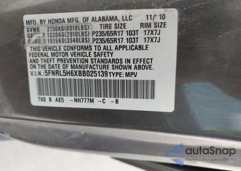 2011 Honda Odyssey Ex-L from USA, damaged, VIN 5FNRL5H6XBB025139